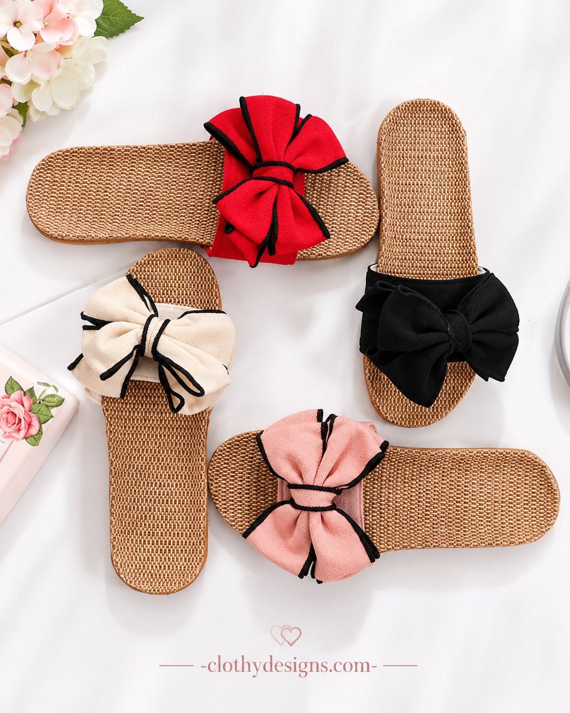 Women’s Cute Bow-Knot Linen Slippers – Soft Indoor Flat Shoes for Home